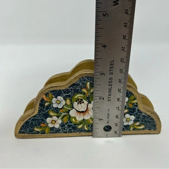 Vintage Blue Wood Napkin Hand Painted White Flowers Double Sided Gold Tone - Picture 6 of 8